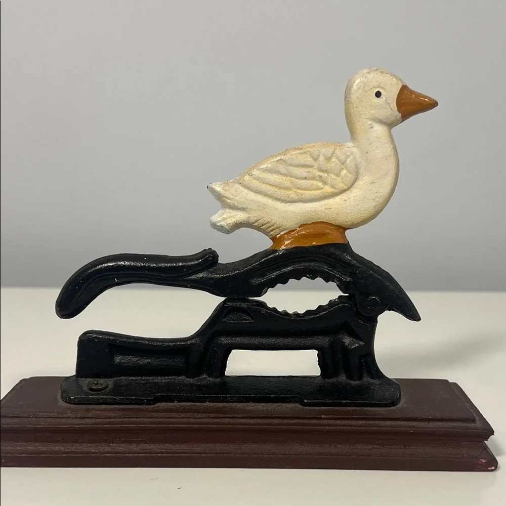Vintage Cream Duck‎ Cast Iron Holiday Nut Cracker with Wood Base Country Home